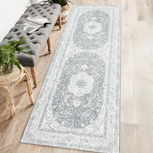 Washable Runner Rug 2x6,Grey Rug Runners Non Slip,Long Boho Rugs for Hallways Kitchen Bedroom Entryway Living Room Bathroom,Vintage Bohemian Distressed Floor Carpet,Floral - color: Grey, size: 2'x6'