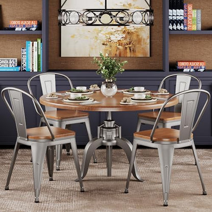 Alunaune 18inch Metal Dining Chair Set of 4 High Back Classic Chic Iron Farmhouse Chairs Industrial Stackable Coffee Stools Bistro Cafe Side Barstools Wood Seat-Silver - color: Silver