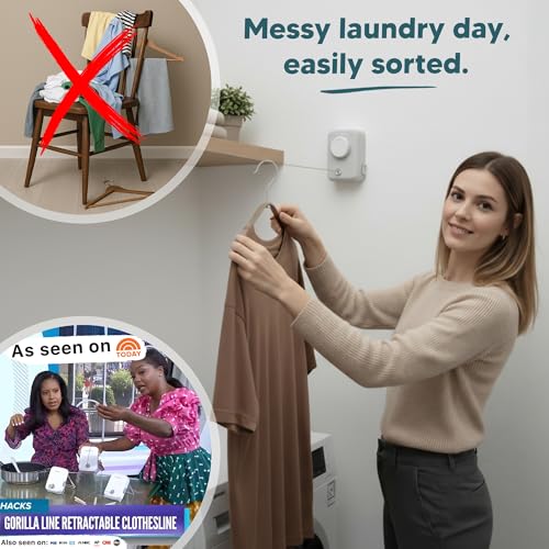 Max – Retractable Clothesline Indoor Outdoor, Non-Sagging Heavy Duty Clothes Drying Line, Wall Mounted Drying Rack, Air Dry Clothing, Max Tighten with GorillaGrip - style: Light Gray - Upgraded Model