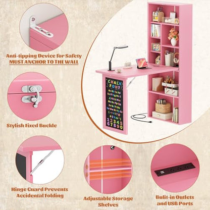 Small Folding Desk with Outlets, Convertible Writing Desk for Small Spaces/Home Office/Craft Room, Multi-Function Desk Workstation with Blackboard, Fold-Out Cabinet Table, Pink | Foldable Wall Mounted Desk Cabinet with Storage, Craft Cabinet with Fold Out