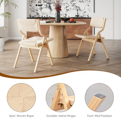 Wood Folding Chairs, Foldable Chairs Wooden Indoor Stackable Dining Chairs for Kitchen & Dining Room Chair Woven Seat & Webbing Back, Dining Chair Set of 2 - color: Natural/Natural, Woven Rope