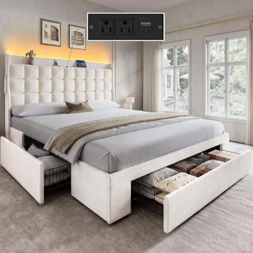 YITAHOME Queen Size Bed Frame with 3 Storage Drawers and RGB LED Lights | Velvet Upholstered Bed with Charging Station and Storage Headboard, No Box Spring Needed, Easy Assembly, Noise-Free, White - color: Cool White, size: Queen