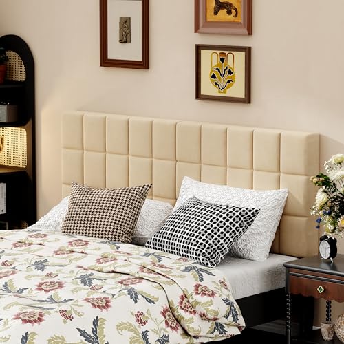 Velvet Upholstered Tufted King Size Headboard,Wood Head Board with Metal Legs, Adjustable Height from 42” to 56”, Bed Headboard in Modern Design,Backboard for Bed, Apricot - color: Apricot, size: King