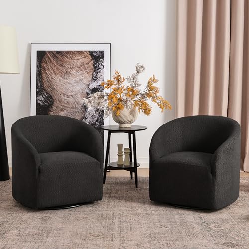 KINWELL 32" Wide Modern Boucle Swivel Barrel Chairs Set of 2, No Assembly Round Upholstered Swivel Accent Armchairs for Living Room, Bedroom (Black) - color: Black, style: Set of 2