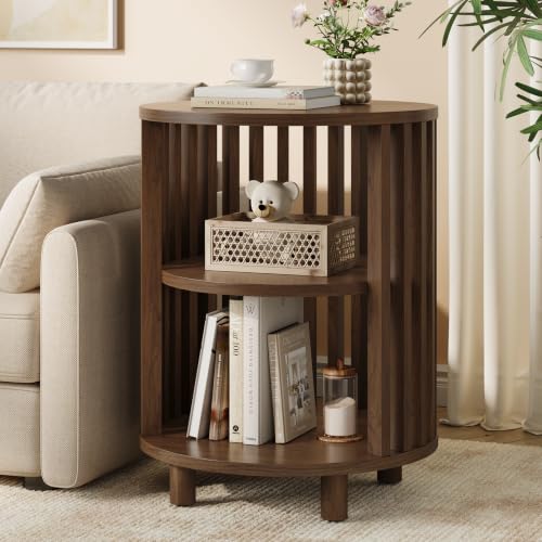 23" Round End Table, Wood Bedside Table, Mid Century Modern Nightstand with Open Storage Shelf, 3 Tier Small Side Tables for Living Room, Bedroom, Curved Profile Design, Walnut - color: Walnut, size: 23" H