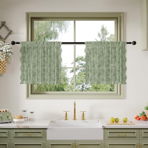 Anmao Vintage Lace Kitchen Curtains 24 Inches Long 2 Panels, Romantic Semi Sheer Floral Over Sink Lacy Cafe Curtain, Elegant Window Short Small Drapes, 55W x 24L, Sage Green - color: Sage Green Plum, size: 55"W x 24"L (Pack of 2)