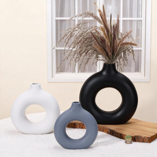 Ceramic Vases Set of 3 - Modern Farmhouse Boho Home Decor Black White Gray | Flower Vase for Living Room Shelf Entry Way Table Centerpiece Decorations - Kitchen Dining Bedroom Aesthetic Decor - color: Black White Gray