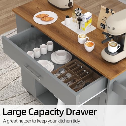 Kitchen Island with Storage, 39 Inch Rolling Kitchen Island on Wheels, Grey | 3-Tier Spice Rack, Drawer Storage, Adjustable Shelf & Towel Rack, Casters, Mobile Island Table for Kitchen, Dining Room - style: GREY