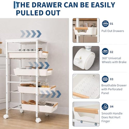 Garvee 5-Tier Slim Rolling Storage Cart, 8.1" Wooden Top Narrow Kitchen Carts on Wheels with Pull-Out Baskets, Mobile Shelving Unit Organizer for Kitchen, Bathroom, Laundry Room, Small Spaces
