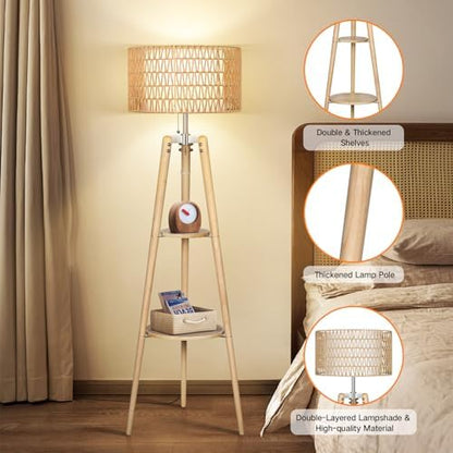 OUTON Boho Rattan Tripod Floor Lamp with Shelves, Dimmable Mid Century Modern Standing Lamp with Remote Control,Wood Tall Floor Lamps for Living Room Bedroom Office Farmhouse Bulb Included - color: Wood