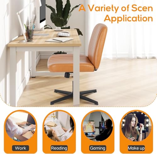 DUMOS Criss Cross Chair No Wheel Legged Office Wide Comfy Desk Vanity Chair, Armless Computer Task Seating PU Leather, Swivel Home Height Adjustable for Bedroom, Study, Brown No Wheel - color: Brown No Wheel