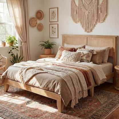 GAOMON Queen Size Wood Bed Frame with LED Light and Rattan Headboard | Solid Wood Leg, Under Bed Storage, Boho Style Platform Bed - size: Queen