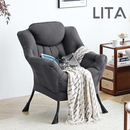 Lazy Chair with Ottoman, Comfy Accent Reading Chair, Dark Grey | Foldable Footrest,Removable Cover,with Armrests and Side Pockets,Upholstered Lounge Chair for Bedroom,Dorm,Office,Small Space - color: Single Dark Grey