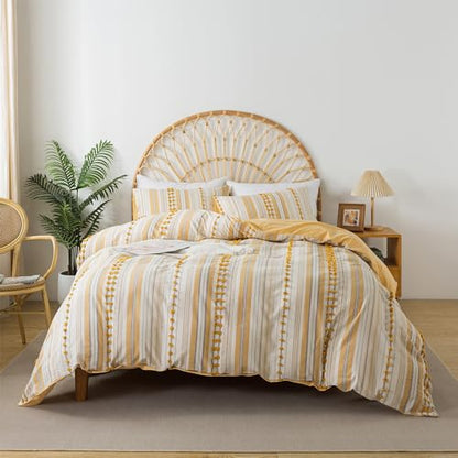 Washed Cotton King Size Duvet Cover Set - Tufted Dots Boho Chic Bedding for All Seasons, Striped Pom Pom Bedding Linen Like Textured Breathable Durable Soft Comfy (Yellow, 104x90'') - color: Yellow, size: King