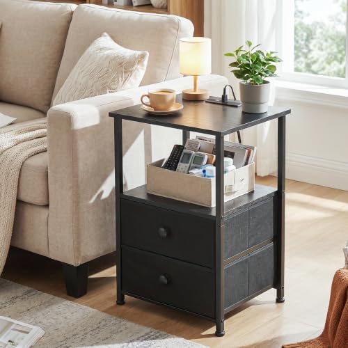 Nightstands Set of 2, Night Stand with Charging Station | Bedside Table with 2 Fabric Drawers for Bedroom, End Tables with Storage Shelf for Small Spaces, Black - color: Black, style: Power