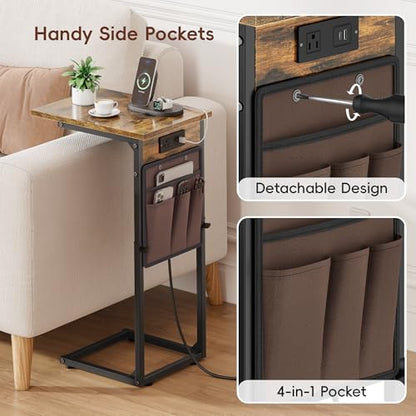 C-Shaped End Tables Set of 2 with Charging Station, 33'' Tall C Table Adjustable Height Side Table, Sofa Table for Couch, Couch Table that Slide Under Sofa, TV Trays for Living Room, Brown - color: 2pc Rustic Brown, style: With Plug