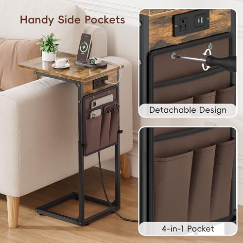 C Shaped End Table with Charging Station, Adjustable Height Side Table for Couch, Small Sofa Table with Storage Bag, Slide Under Sofa TV Tray Snack Arm Tables for Living Room, Bedroom, Brown - color: Rustic Brown, style: With Plug