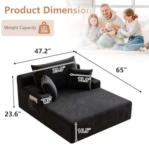 47.24" Oversized Chaise Lounge Chair, Deep Seat Upholstered Cozy Cloud Couch, Modern Corduroy Floor Sleeper Sofa Bed, Reading Chair for Living Room, Bedroom, Apartment, Office, Indoor, Black - color: Black, size: 47.24"