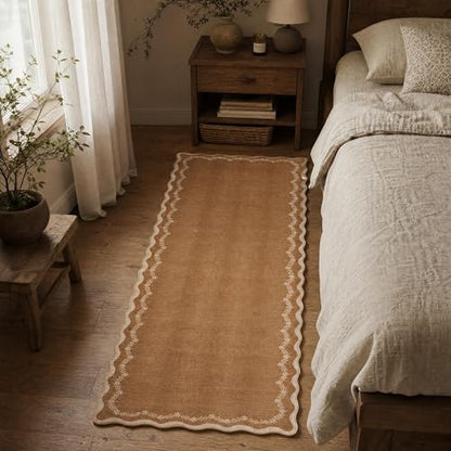 GarveeHome 2x6 Scalloped Washable Runner Rug Non Slip Hallway Kitchen Rug | Soft Brown Runner Entryway Rug Farmhouse Thin Laundry Mat Stain Resistant Carpet for Bedroom Bathroom Beside Rug - color: Brown, size: 2' x 6' (Rectangular)