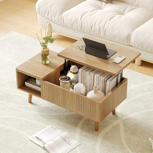 Coffee Table with Lifting Top,Wooden Fluted Coffee Table with Hidden Storage Space,2 Open Storage Compartments,Solid Wood Legs,Suitable for Living Room,Apartment,Office. (C-Lift Coffee Table-Oak) - color: C-lift Coffee Table-oak