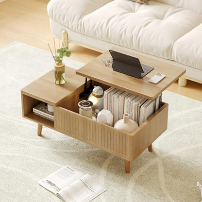 Coffee Table with Lifting Top,Wooden Fluted Coffee Table with Hidden Storage Space,2 Open Storage Compartments,Solid Wood Legs,Suitable for Living Room,Apartment,Office. (C-Lift Coffee Table-Oak) - color: C-lift Coffee Table-oak