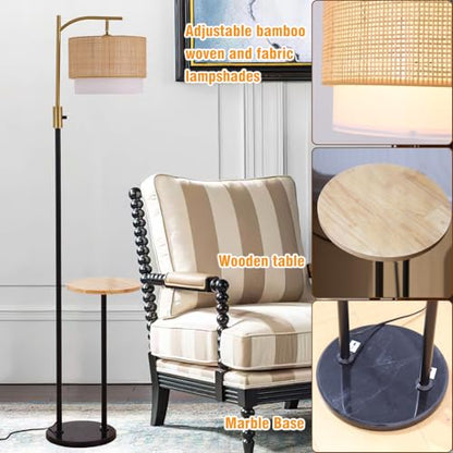 Dimmable Floor Lamp with Table and Marble Base, Arc Floor Lamp with Bulb, Boho Farmhouse Standing lamp with Fabric & Bamboo Shades for Living Room Bedroom - color: Black and Gold 03