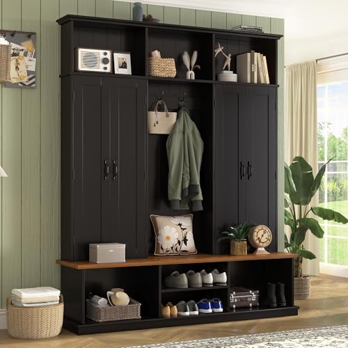 78.7''H Farmhouse Hall Tree with Storage Cabinet & Shoe Bench, Black | 62.2" Wide, 4 Doors, 7 Open Cubbies, 6 Coat Hooks for Hallway Mudroom Living Room - color: Black, size: 62.2”W x 15.7”D x 78.7”H