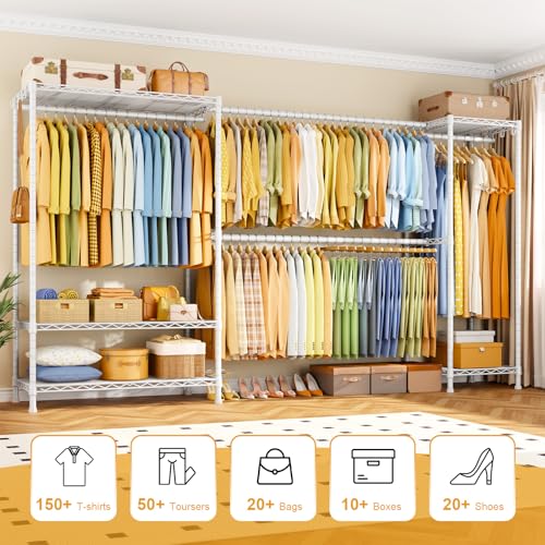 Heavy-Duty Garment Rack, Adjustable Clothing Racks Hanging Clothes | E17 Freestanding Metal Closet System, Clothing Storage and Organizer with Wire Shelves, (78-102.7)”W x 15.7”D x 76.6”H, White - color: White