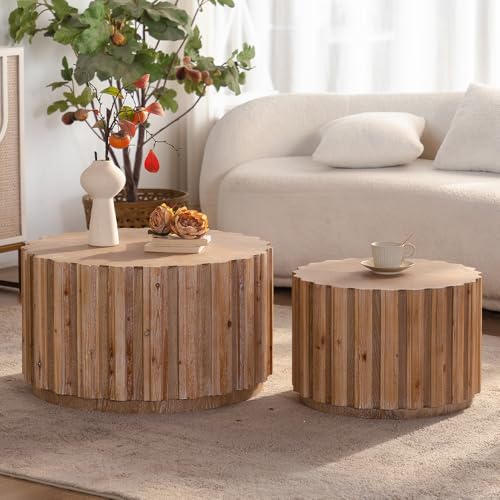 WILLIAMPSACE Round Nesting Coffee Table Set of 2, Rustic Farmhouse Wooden Drum Center Tables with Vertical Slatted Body, Tea Table for Living Room Apartment, No Assembly (19.7"+27.5", Natural) - color: 19.7"+27.5", Natural