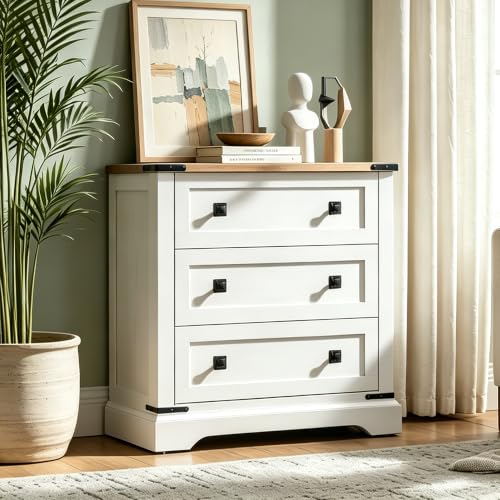 T4TREAM 32" Farmhouse 3 Drawer Dressers, Large End Table w/Charging Station | Rustic Wood Bedside Table for Bedroom, Living Room, Hallway, Antique White - color: Antique White, size: 15.8"D x 32"W x 32"H (3 Drawers)