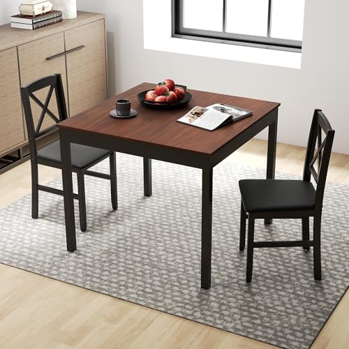 GOFLAME 3-Piece Dining Table Set for 2, Wooden Square Kitchen Table with 2 Upholstered Chairs, Space-Saving Dining Room Furniture Set for Dining Room, Breakfast Nook, Small Space, Brown & Black - color: Brown & Black