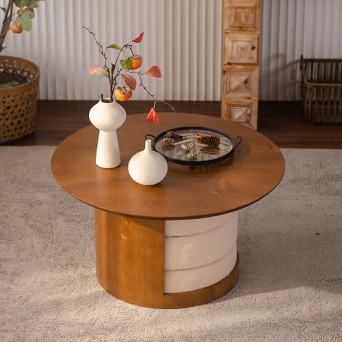 31.5" Round Coffee Table with 3 Teddy Fabric Nesting Stools, Rustic Farmhouse Multifunctional Center Table Set with Hidden Storage, Tea Table for Living Room, Easy Assembly - Walnut - color: 31.5" Coffee Table With 3 Nesting Stools