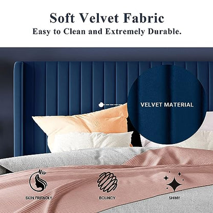 Allewie Queen Size Velvet Bed Frame/Vertical Channel Tufted Wingback Headboard/Upholstered Platform Bed/Strong Wooden Slats/No Box Spring Needed/Easy Assembly/Dark Blue - color: Blue, size: Queen