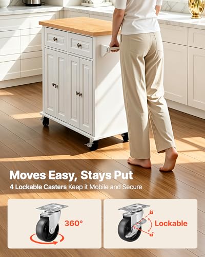 VEVOR Kitchen Island Cart with Storage, 43.7 in Wide Mobile Rolling Storage Island on Swivel Wheels, with 2 Drawers, Storage Cabinet, Spice/Towel Rack, Hooks, Table for Home Dining Room, White | Home Dining Use, Spice Towel Rack With Hooks, Cabinet Shelve