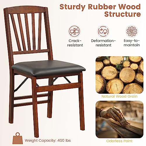 GIANTEX Folding Dining Chairs Set of 4, Foldable Wood Kitchen Chairs with Padded Seat, Solid Wood Frame, Max Load 400 Lbs, No Assembly Easy to Store Wooden Dining Chairs for Apartment, Small Space - color: Walnut-slat Back