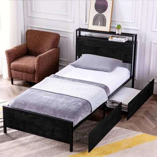 Twin Size Bed Frame with 2 Storage Drawers, Platform Bedframe with Storage Headboard, Strong Metal Slat Support/No Box Spring Needed/Easy Assembly/Space Saving,Black - color: Black, size: Twin with drawer