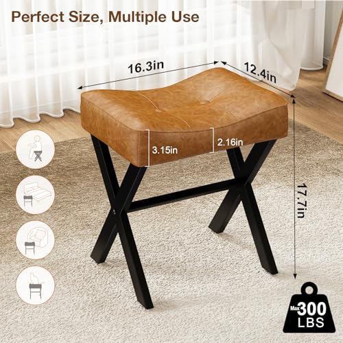 18-Inch Leather Vanity Stool Chair, Brown Saddle Vanity Stool | Vanity Bench, Metal X-Leg, Ottoman Accent Stool, Thick Padded Saddle Seat, 300 LBS, 16.3"x12.4"x18", For Bedroom, Closet - size: Small, style: Brown Leather