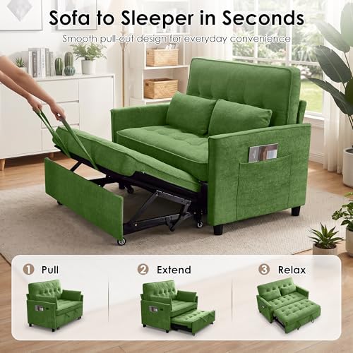 Dreamzie 55'' 3 in 1 Convertible Sofa Bed with USB Charging Ports, Pull Out Couch with Adjustable Backrest and Side Pockets, Sleeper Sofa for Living Room, Apartment, RV, Easy Assembly - Green - color: Green
