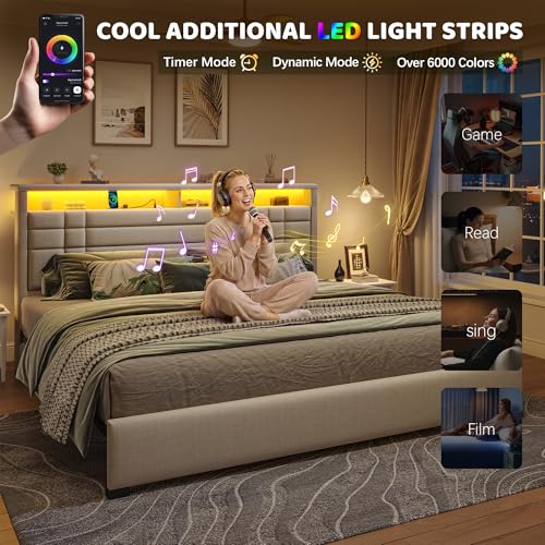 EnHomee King Upholstered Bed Frame with Charge Station & LED Lights, Beige | 2-Tier Shelves Headboard, 12" Under-Bed Storage Space, Noise-Free, No Box Spring Needed, Easy Assembly - color: Beige, size: King (U.S. Standard)
