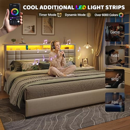 EnHomee King Upholstered Bed Frame with Charge Station & LED Lights, Beige | 2-Tier Shelves Headboard, 12" Under-Bed Storage Space, Noise-Free, No Box Spring Needed, Easy Assembly - color: Beige, size: King (U.S. Standard)
