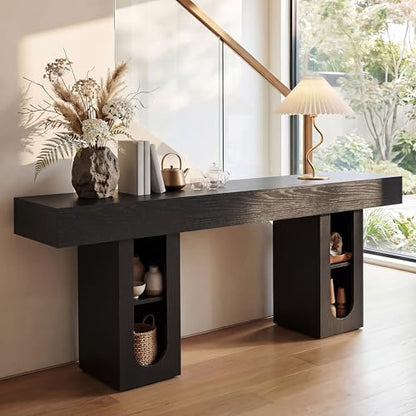 Heavy Duty Console Table with Outlet, Entryway Table, 63 Inch Sofa Table, Black Hallway Table with Storage Shelves for Behind Couch, Living Room, Thick MDF Top - color: Black