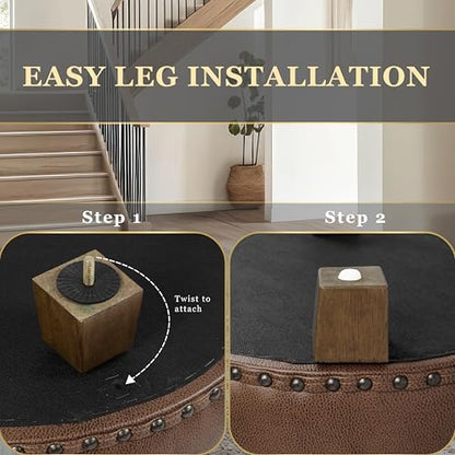HomePop 18.5" Round Storage Ottoman with Nailheads - Brown Faux Leather - color: Brown Faux Leather