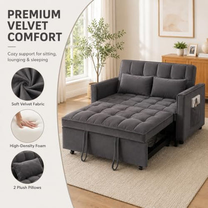 3 In 1 Velvet Convertible Sofa Bed, Pull Out Couch Bed with Reclining Backrest And 2 Pillows, 54" Full Size Loveseat Sleeper Sofa Futon Couch Bed, Couches For Small Spaces, Living Room (Grey) - color: Grey