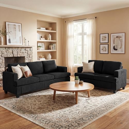 2 Pieces Corduroy Couch Set for Living Room, Black Cloud Sofa, Deep Seat Floor Couch for Bedroom, Futon Modern Sofa Sectional Bed, Black Corduroy - color: Black Corduroy, size: 3-Seater + Loveseat