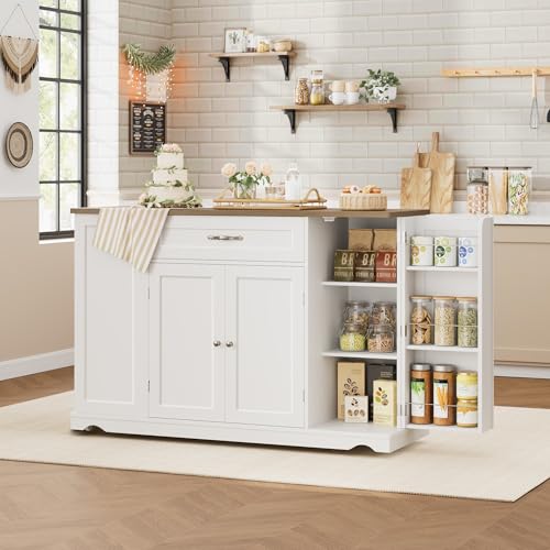 HOSTACK 47" W Kitchen Island Cart with Storage, Rolling Island Table, White | Mobile Kitchen Storage Islands on Wheels with 2 Drawers, Adjustable Shelves, Movable Buffet Cabinet for Dining room - style: White + Rustic Brown