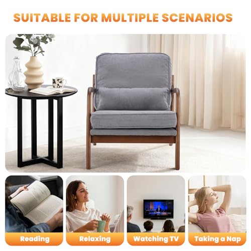 DUMOS Mid Century Accent Chairs Set of 2, 16'' Seat Height Lounge Chair | Upholstered Armchair with Waist Cushion and Wood Frame for Living Room, Bedroom, Reading Nook, Balcony, Light Grey - color: Light Grey, size: 2 Pack