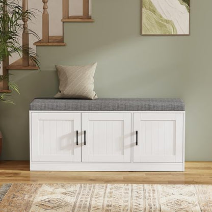 Turosur Shoe Storage Bench with Cabinet, 3-Tier Entryway Bench with Padded Seat Cushion, Shoe Cabinet Bench with 4 Adjustable Shelves for Bedroom, Mudroom, White