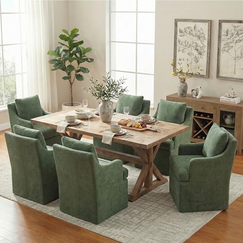 VKNOW Upholstered Dining Chairs Set of 6, Dining Room Chairs with Casters | Modern Rolling Dining Chairs with Armrest, Soft Chenille Fabric, Washable Cover, Easy Assembly, Living Room, Bedroom, Green - color: Green, size: 6