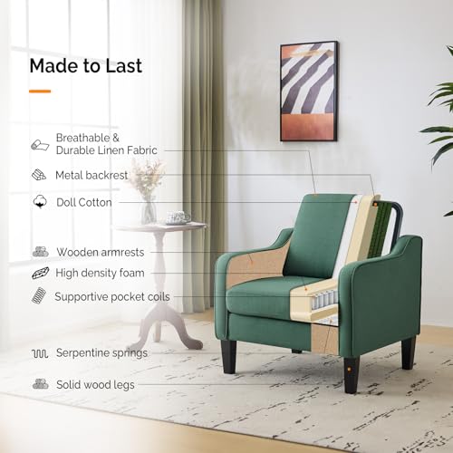 VINGLI Accent Chair for Living Room Chairs Dark Green Reading Chair for Bedroom Scooped Arm Chair Mid Century Modern Accent Chairs Upholstered Comfy Chair for Apartment, Waiting Room - color: Dark Green