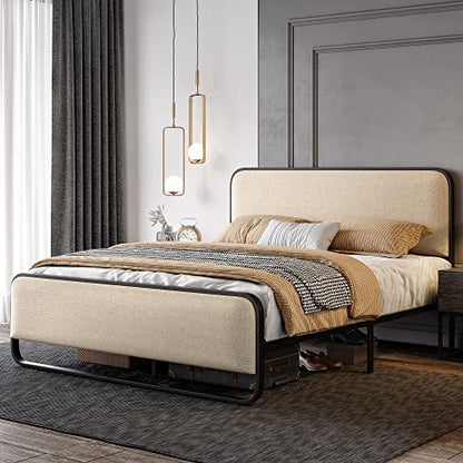 SHA CERLIN Full Size Metal Bed Frame with Upholstered Headboard, Cream | Curved Upholstered Headboard and Footboard, Large Under Bed Storage, No Box Spring Needed - color: Beige, size: Full